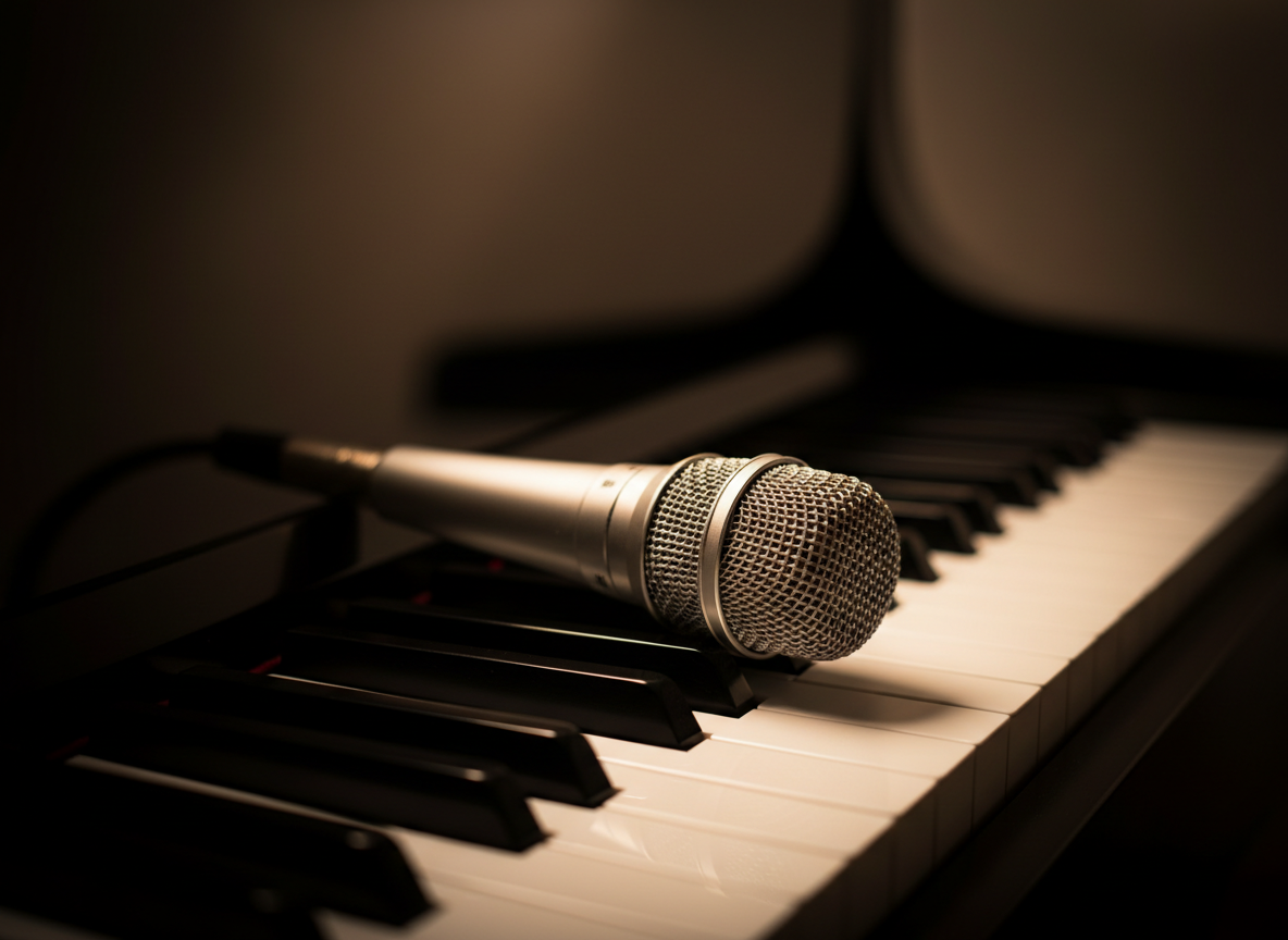 A sleek condenser microphone lying horizontally across black and white piano keys, close-up shot, shallow depth of field, warm and moody studio lighting with a soft golden glow, dark blurred background, artistic and editorial feel, no people, cinematic quality