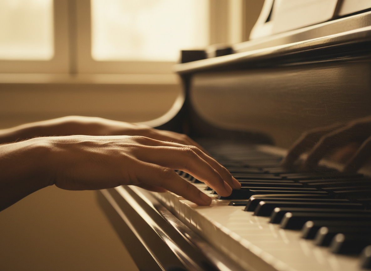 Hands with medium brown warm skin playing a piano keyboard viewed from the player's perspective, looking down at the keys, fingers lightly pressing the keys, racially ambiguous skin tone, warm soft lighting, shallow depth of field, intimate and personal feel, no face visible, just hands and keys, slightly blurred background, cinematic quality, editorial aesthetic