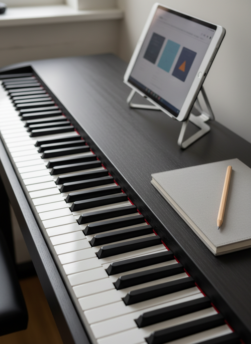 A close-up of a full-sized digital piano keyboard with pristine black and white keys, the surface subtly matte and free of fingerprints. A slim, dark wood desk surrounds it, holding a closed notebook and a sharpened pencil angled diagonally toward the keys. A tablet on a stand in the background shows a blurred, abstract interface representing an online lesson. Soft, diffused afternoon light from the side highlights the gentle texture of the keys and casts minimal, tidy shadows. Shot from a slightly elevated angle with a shallow depth of field, the composition feels modern, organized, and educational, emphasizing professional piano instruction in a photographic, clean style.