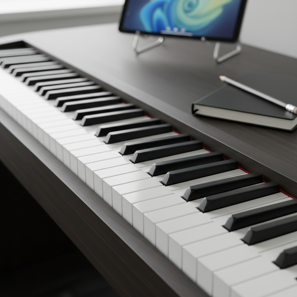A close-up of a full-sized digital piano keyboard with pristine black and white keys, the surface subtly matte and free of fingerprints. A slim, dark wood desk surrounds it, holding a closed notebook and a sharpened pencil angled diagonally toward the keys. A tablet on a stand in the background shows a blurred, abstract interface representing an online lesson. Soft, diffused afternoon light from the side highlights the gentle texture of the keys and casts minimal, tidy shadows. Shot from a slightly elevated angle with a shallow depth of field, the composition feels modern, organized, and educational, emphasizing professional piano instruction in a photographic, clean style.