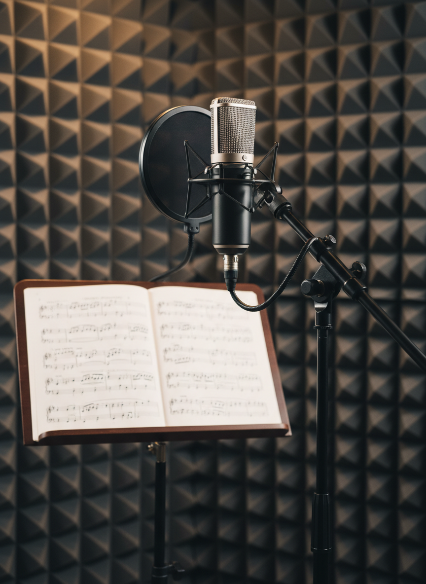 A high-quality condenser microphone with a metallic silver grille and black body is mounted on a sleek studio stand in front of a blank, dark music stand holding an open, notation-filled sheet. The microphone’s pop filter is carefully positioned, its mesh texture clearly visible. Behind, vertical acoustic foam panels form a subtle geometric pattern, softly out of focus. Warm, controlled studio lighting from above and slightly behind the camera creates gentle highlights along the microphone body and stand, with soft shadows that add depth but no harsh contrasts. Captured at eye level with a centered, portrait-style composition, the mood is calm, precise, and professional, conveying serious voice lesson and vocal coaching in photographic realism.