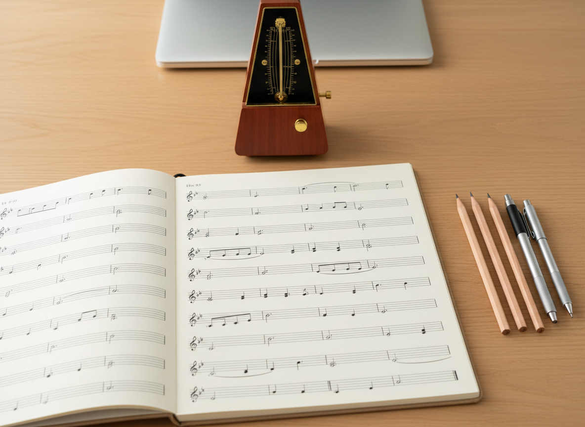 A neatly arranged theory tutoring workspace featuring a large, cream-colored staff paper notebook open to pages filled with clean musical staves. Beside it, a set of freshly sharpened pencils and a high-quality mechanical pencil rest in a straight line. A small metronome with a polished wood finish stands at the top of the frame, its pendulum mid-center. The desk surface is a warm, light oak, with a closed laptop slightly blurred in the background. Soft overhead and side lighting create a bright but gentle environment with minimal shadows. Photographed from a slightly elevated, top-down angle with sharp focus across the scene, the atmosphere is studious, structured, and supportive, ideal for highlighting music theory tutoring in a photographic, modern style.
