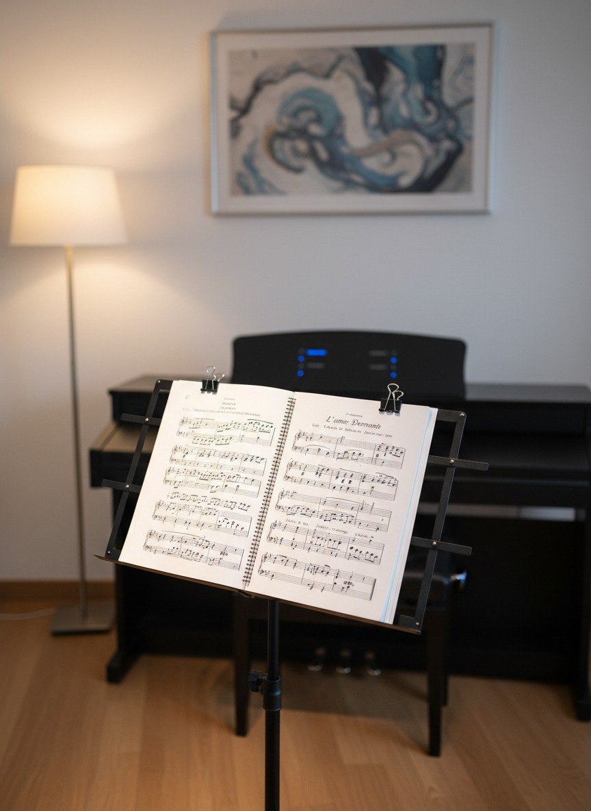 A compact, modern vocal practice corner featuring a sturdy black music stand holding a neatly printed songbook, pages opened wide and clipped at the corners. A sleek, closed digital piano sits just behind, its control panel subtly visible but not dominant. A simple floor lamp with a white shade casts warm, focused light onto the stand, creating a softly glowing pool of illumination and mild shadows radiating outward. The background fades into a clean, neutral wall with a small, blurred framed abstract artwork. Shot from a three-quarter angle at standing height with a medium depth of field, the mood is intimate, calm, and purposeful, reflecting professional one-on-one voice coaching in a realistic, photographic style.
