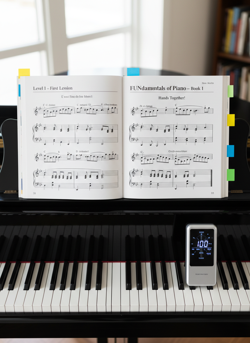 A detailed overhead shot of a piano lesson in progress represented only by objects: an open beginner method book displaying large notation and simple exercises, placed above a set of pristine black and white keys. Colored adhesive tabs mark several pages, and a slim digital metronome sits to the right, its small display slightly blurred. The piano’s glossy black surface reflects the pages softly. Soft, indirect daylight from above and to one side keeps the scene bright without glare. The composition is tightly framed around the keys and book, with a shallow depth of field that gently blurs the piano edges. The atmosphere is encouraging, clear, and structured, ideal for showcasing approachable lessons in photographic realism.