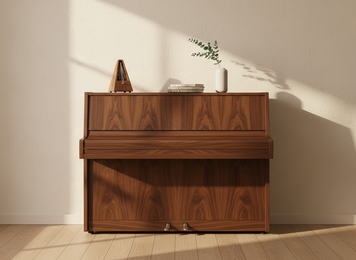An upright piano with a rich walnut finish stands against a softly textured neutral wall, its front panel closed and keys hidden, emphasizing its smooth, polished wood grain. On top, a minimalist metronome, a small stack of music books, and a simple ceramic vase holding a single green branch create a tidy arrangement. Late-afternoon natural light from a nearby window stretches across the instrument, forming long, delicate shadows on the floor and subtle reflections on the piano’s surface. Framed using the rule of thirds from a straight-on, eye-level viewpoint, with a moderate depth of field keeping the whole instrument in clear focus, the mood is calm, refined, and welcoming, underscoring a professional yet warm teaching environment in realistic photography.
