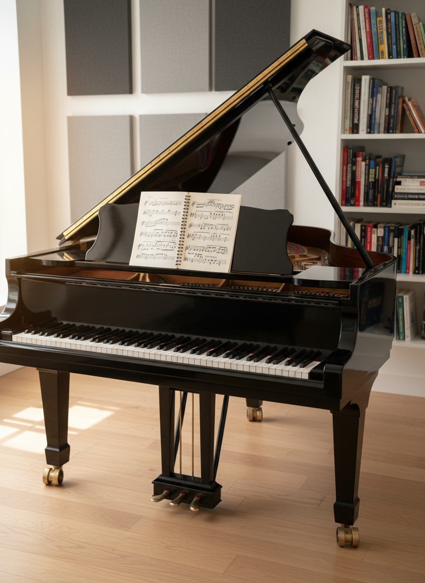 A glossy ebony grand piano with its lid propped open, showing gleaming strings and hammers, stands in a bright, modern music studio. An open spiral-bound score rests on the polished music stand, pages slightly curved. Behind it, acoustic wall panels and a neat bookshelf of music theory texts blur softly. Late-morning natural light pours through a large unseen window, reflecting in soft highlights along the curved piano body and casting gentle shadows on the hardwood floor. Photographed at eye level from the front corner of the instrument with a shallow depth of field, the mood is professional, inviting, and focused, in clean, photographic realism suitable for a music lessons website hero image.