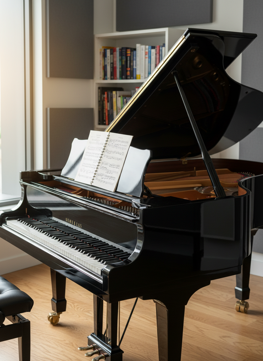 A glossy ebony grand piano with its lid propped open, showing gleaming strings and hammers, stands in a bright, modern music studio. An open spiral-bound score rests on the polished music stand, pages slightly curved. Behind it, acoustic wall panels and a neat bookshelf of music theory texts blur softly. Late-morning natural light pours through a large unseen window, reflecting in soft highlights along the curved piano body and casting gentle shadows on the hardwood floor. Photographed at eye level from the front corner of the instrument with a shallow depth of field, the mood is professional, inviting, and focused, in clean, photographic realism suitable for a music lessons website hero image.